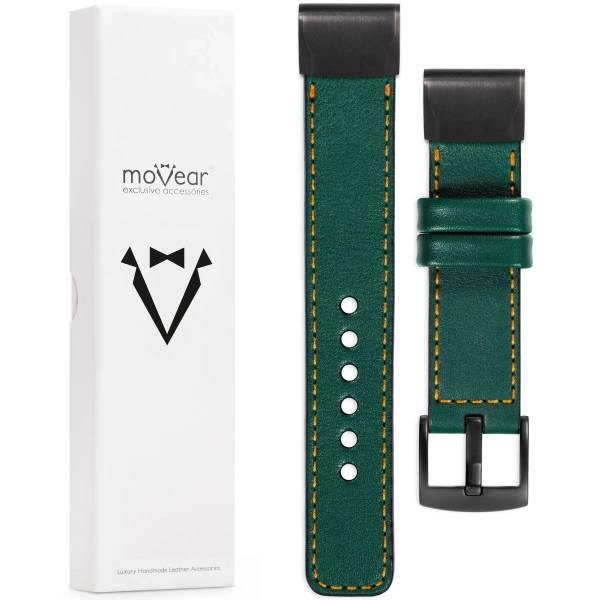 moVear Prestige C1 Skórzany pasek do Garmin QuickFit 22mm (Fenix / Forerunner / Epix / Instinct / Enduro / Quatix / MARQ - 47/45mm) | Zielony butelkowy, pomarańczowe przeszycie [rozmiary XS-XXL i klamra do wyboru]