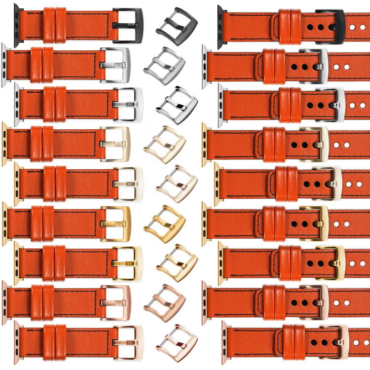 moVear Prestige C1 Skórzany pasek 22mm do Apple Watch 10 / 9 / 8 / 7 / 6 / 5 / 4 / SE (46/45/44mm) & Ultra (49mm) | Pomarańczowy, czarne przeszycie [rozmiary XS-XXL i klamra do wyboru]