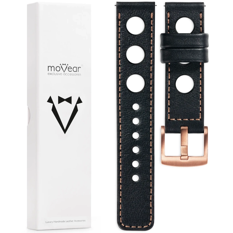moVear Prestige R1 Skórzany pasek 20mm do zegarka | Czarny, różowe złoto przeszycie [rozmiary XS-XXL i klamra do wyboru]