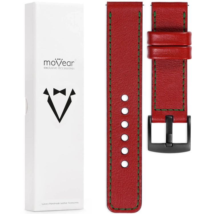 moVear Prestige C1 Skórzany pasek 20mm do zegarka | Czerwony szkarłatny, ciemnozielone przeszycie [rozmiary XS-XXL i klamra do wyboru]