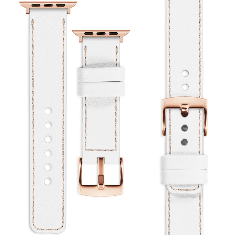 moVear Prestige C1 Skórzany pasek 20mm do Apple Watch 10 / 9 / 8 / 7 / 6 / 5 / 4 / SE (46/45/44mm) & Ultra (49mm) | Biały, różowe cieliste przeszycie [rozmiary XS-XXL i klamra do wyboru]
