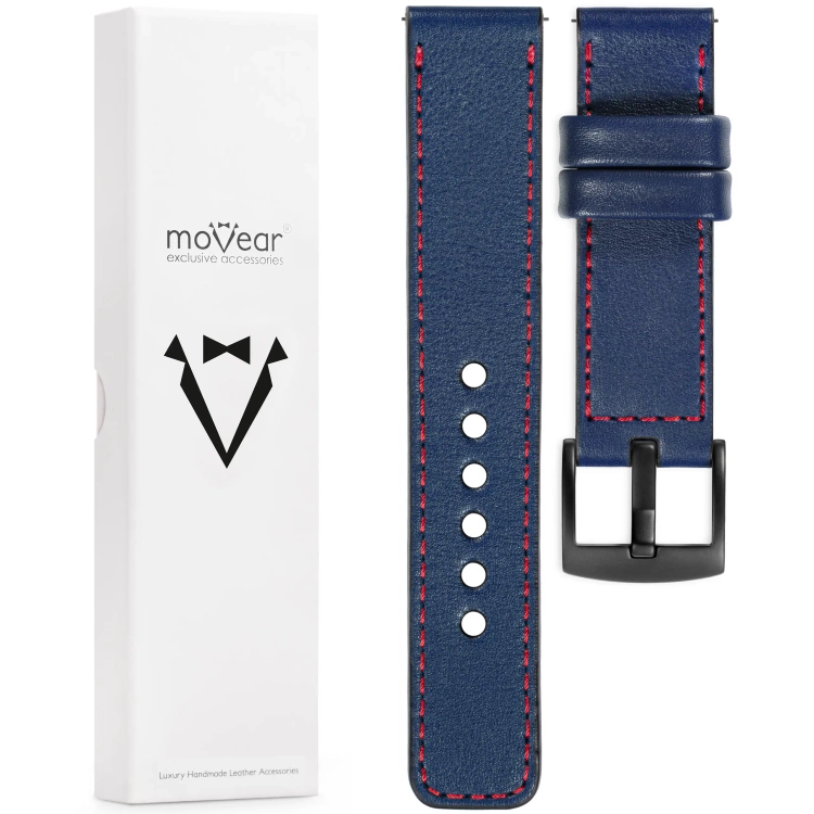 moVear Prestige C1 Skórzany pasek 22mm do zegarka | Granatowy, czerwone przeszycie [rozmiary XS-XXL i klamra do wyboru]
