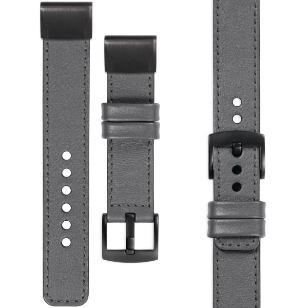 moVear Prestige C1 Skórzany pasek do Garmin QuickFit 26mm (Fenix / Epix / Quatix / Tactix / Enduro - 51mm) | Szary, grafitowe przeszycie [rozmiary XS-XXL i klamra do wyboru]