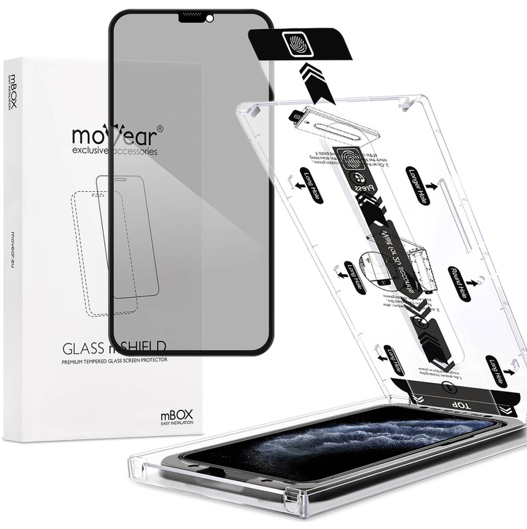 moVear mBOX GLASS mSHIELD 2.5D MAX privacy do Apple iPhone 11 Pro / Xs / X (5.8") (Anty spy, z Aplikatorem)