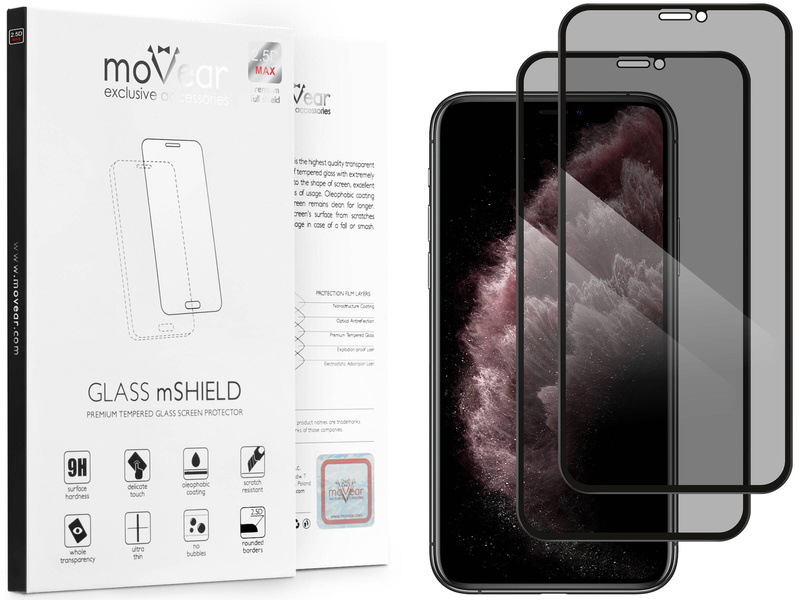 2 szt. | moVear GLASS mSHIELD 2.5D MAX privacy do Apple iPhone 11 Pro Max / Xs MAX (6.5") (Prywatyzujące, kompatybilne z etui)