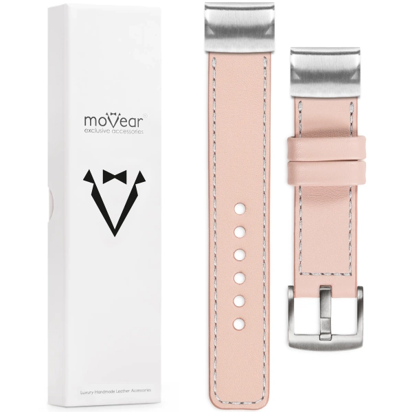moVear Prestige C1 Skórzany pasek do Garmin QuickFit 22mm (Fenix / Forerunner / Epix / Instinct / Enduro / Quatix / MARQ - 47/45mm) | Różowy cielisty, srebrne przeszycie [rozmiary XS-XXL i klamra do wyboru]