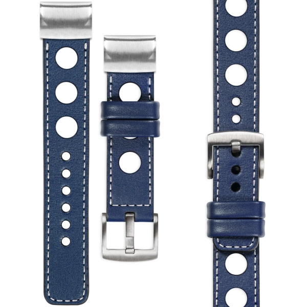 moVear Prestige R1 Skórzany pasek do Garmin QuickFit 22mm (Fenix / Forerunner / Epix / Instinct / Enduro / Quatix / MARQ - 47/45mm) | Granatowy, białe przeszycie [rozmiary XS-XXL i klamra do wyboru]