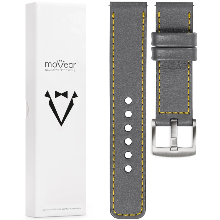 moVear Prestige C1 Skórzany pasek 20mm do zegarka | Szary, żółte przeszycie [rozmiary XS-XXL i klamra do wyboru]