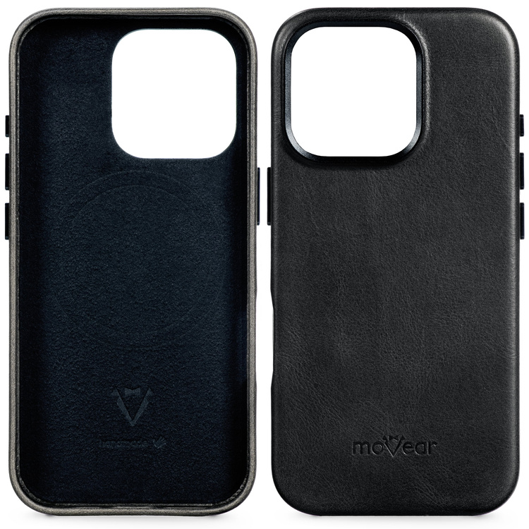moVear backCover 4S Skórzane plecki do Apple iPhone 16 Pro (6.3") | kompatybilne z MagSafe, Skóra naturalna olejowana (Czarna)