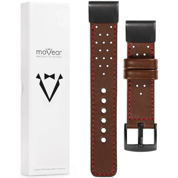 moVear Prestige R2 Skórzany pasek do Garmin QuickFit 26mm (Fenix / Epix / Quatix / Tactix / Enduro - 51mm) | Ciemnobrązowy, czerwone przeszycie [rozmiary XS-XXL i klamra do wyboru]