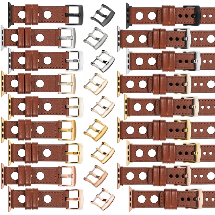 moVear Prestige R1 Skórzany pasek 24mm do Apple Watch 10 / 9 / 8 / 7 / 6 / 5 / 4 / SE (46/45/44mm) & Ultra (49mm) | Brązowy, brązowe przeszycie [rozmiary XS-XXL i klamra do wyboru]
