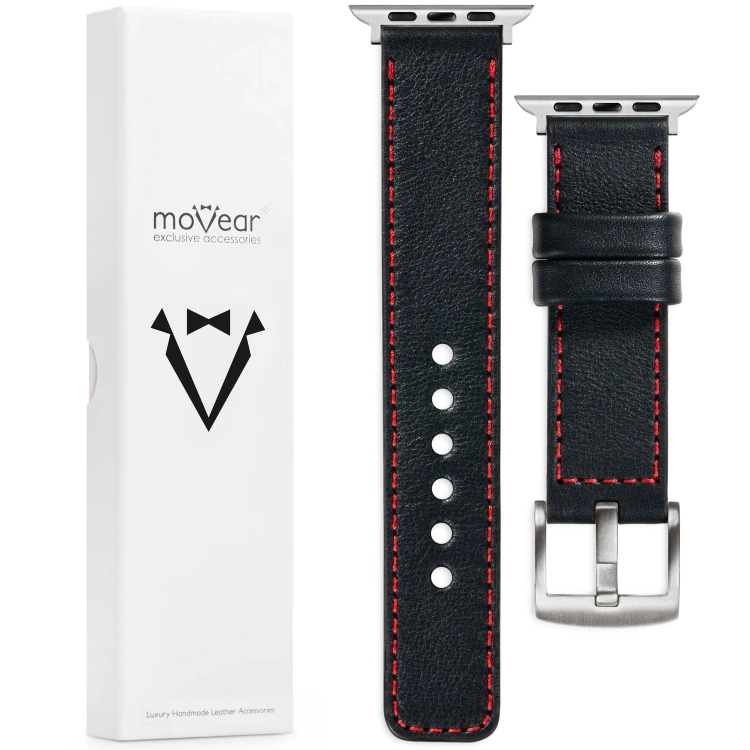 moVear Prestige C1 Skórzany pasek 20mm do Apple Watch 10 / 9 / 8 / 7 / 6 / 5 / 4 / SE (42/41/40mm) | Czarny, czerwone przeszycie [rozmiary XS-XXL i klamra do wyboru]