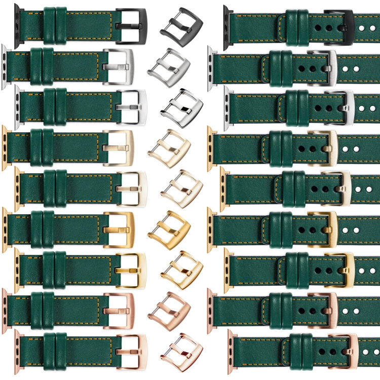 moVear Prestige C1 Skórzany pasek 22mm do Apple Watch 10 / 9 / 8 / 7 / 6 / 5 / 4 / SE (46/45/44mm) & Ultra (49mm) | Zielony butelkowy, pomarańczowe przeszycie [rozmiary XS-XXL i klamra do wyboru]