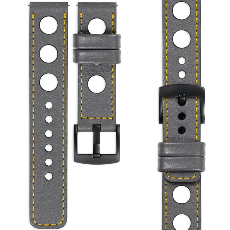 moVear Prestige R1 Skórzany pasek 24mm do zegarka | Szary, żółte przeszycie [rozmiary XS-XXL i klamra do wyboru]