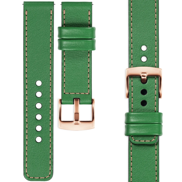 moVear Prestige C1 Skórzany pasek 20mm do zegarka | Zielony, różowe złoto przeszycie [rozmiary XS-XXL i klamra do wyboru]
