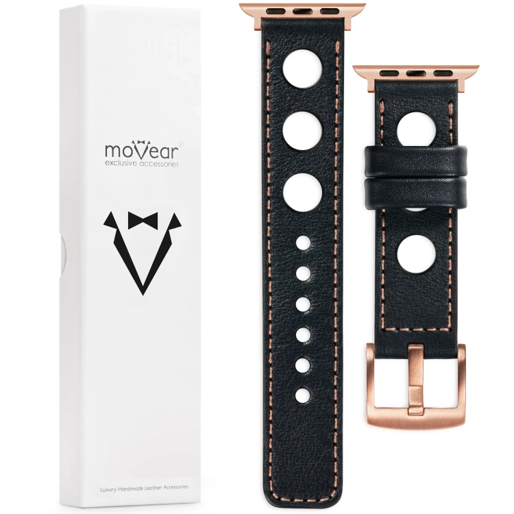 moVear Prestige R1 Skórzany pasek 24mm do Apple Watch 10 / 9 / 8 / 7 / 6 / 5 / 4 / SE (46/45/44mm) & Ultra (49mm) | Czarny, różowe złoto przeszycie [rozmiary XS-XXL i klamra do wyboru]