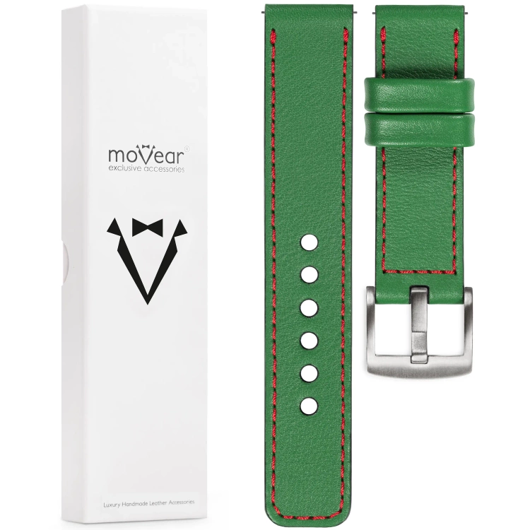 moVear Prestige C1 Skórzany pasek 20mm do zegarka | Zielony, czerwone przeszycie [rozmiary XS-XXL i klamra do wyboru]