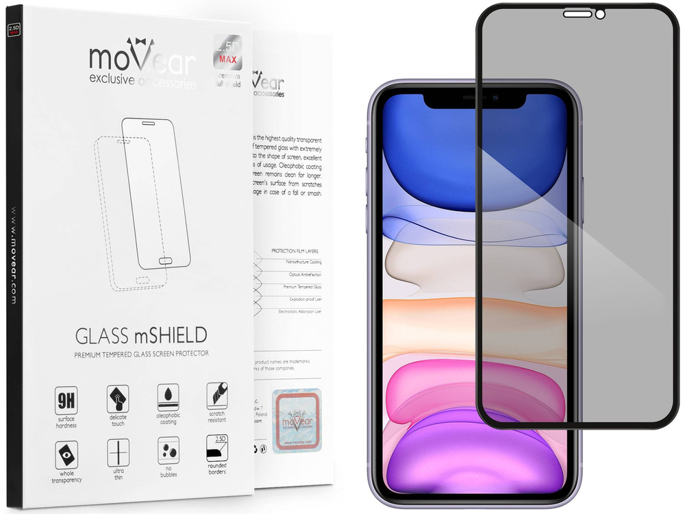 moVear GLASS mSHIELD 2.5D MAX privacy do Apple iPhone 11 / Xr (6.1") (Prywatyzujące, kompatybilne z etui)