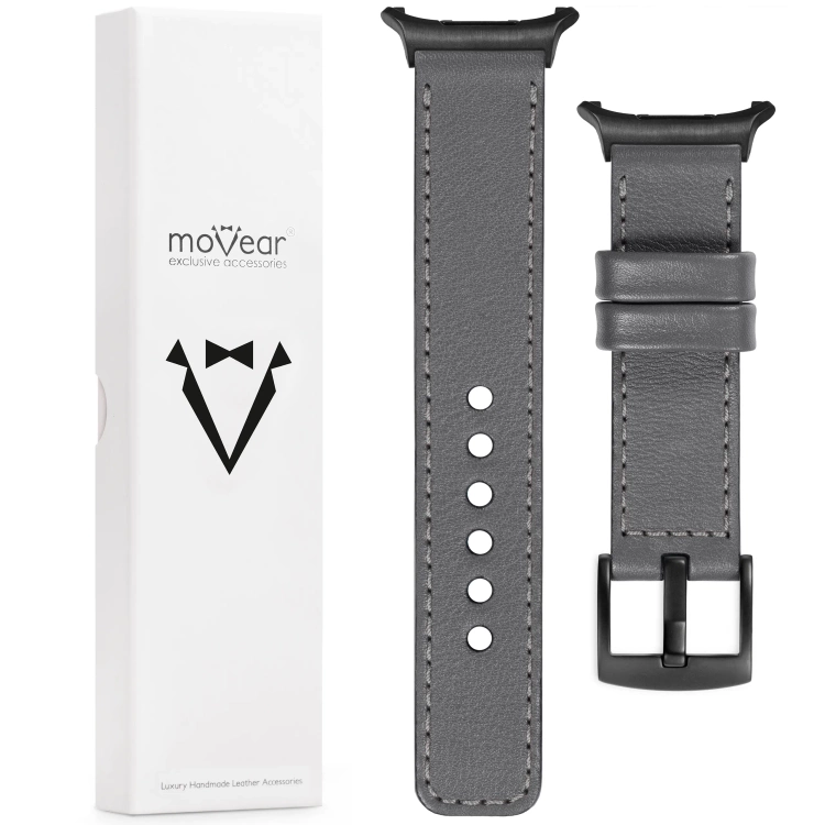 moVear Prestige C1 Skórzany pasek 24mm do Samsung Galaxy Watch Ultra | Szary, szare przeszycie [rozmiary XS-XXL i klamra do wyboru]