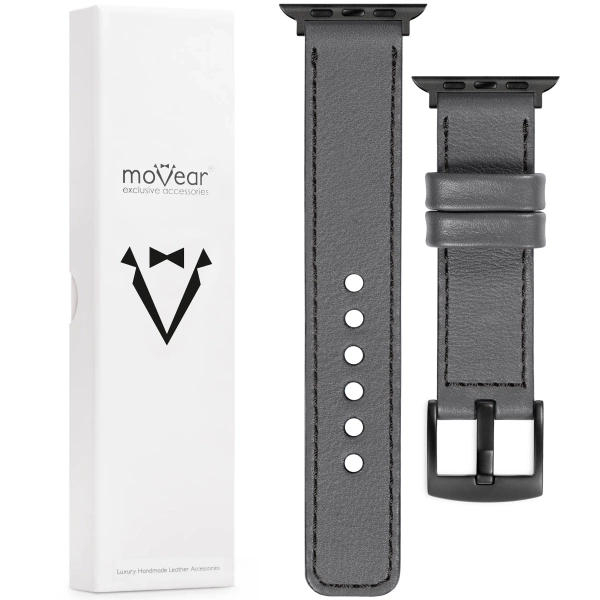 moVear Prestige C1 Skórzany pasek 24mm do Apple Watch 10 / 9 / 8 / 7 / 6 / 5 / 4 / SE (46/45/44mm) & Ultra (49mm) | Szary, czarne przeszycie [rozmiary XS-XXL i klamra do wyboru]