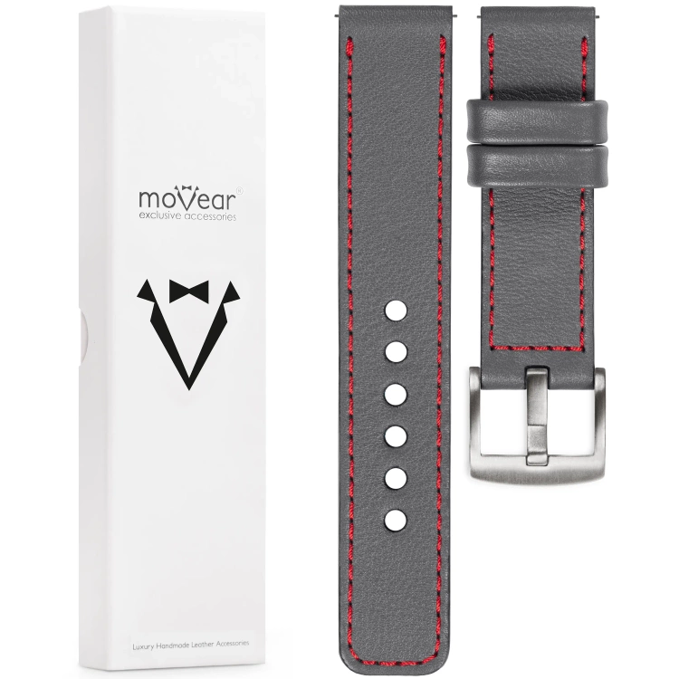 moVear Prestige C1 Skórzany pasek 20mm do zegarka | Szary, czerwone przeszycie [rozmiary XS-XXL i klamra do wyboru]