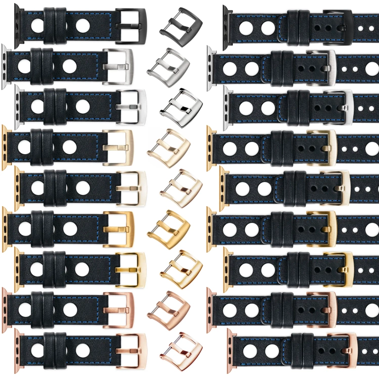 moVear Prestige R1 Skórzany pasek 22mm do Apple Watch 10 / 9 / 8 / 7 / 6 / 5 / 4 / SE (46/45/44mm) & Ultra (49mm) | Czarny, niebieskie przeszycie [rozmiary XS-XXL i klamra do wyboru]