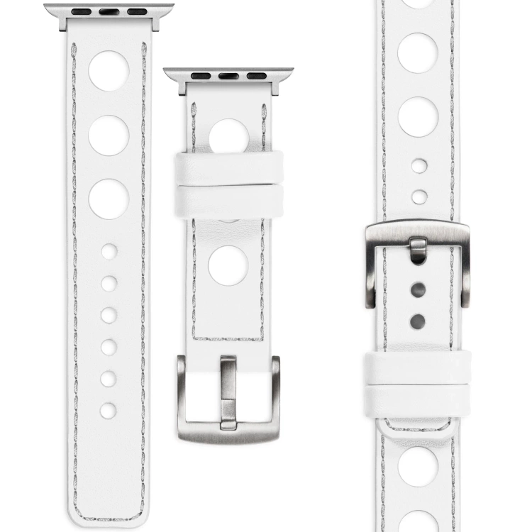 moVear Prestige R1 Skórzany pasek 24mm do Apple Watch 10 / 9 / 8 / 7 / 6 / 5 / 4 / SE (46/45/44mm) & Ultra (49mm) | Biały, srebrne przeszycie [rozmiary XS-XXL i klamra do wyboru]