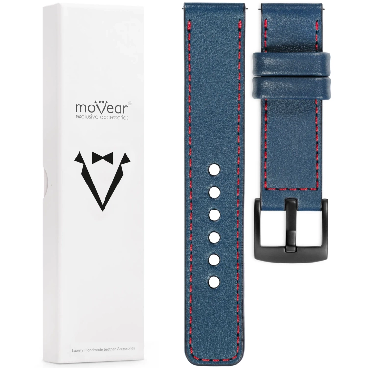 moVear Prestige C1 Skórzany pasek 22mm do zegarka | Niebieski jeans, czerwone przeszycie [rozmiary XS-XXL i klamra do wyboru]