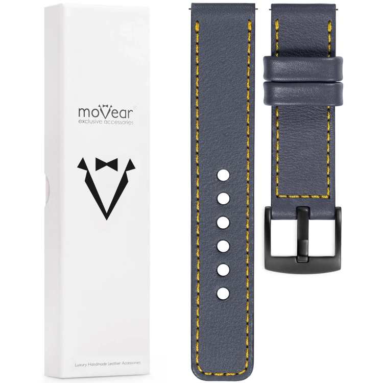 moVear Prestige C1 Skórzany pasek 22mm do zegarka | Szary stalowy, żółte przeszycie [rozmiary XS-XXL i klamra do wyboru]