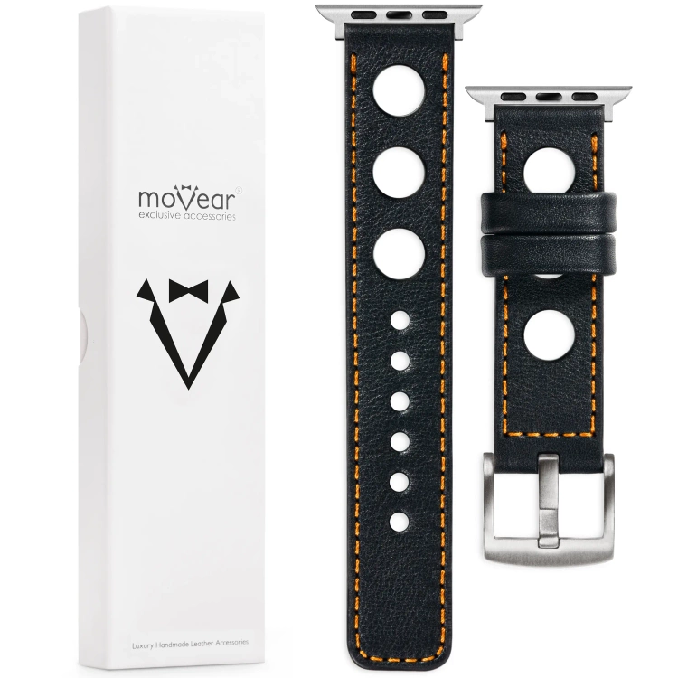 moVear Prestige R1 Skórzany pasek 22mm do Apple Watch 10 / 9 / 8 / 7 / 6 / 5 / 4 / SE (46/45/44mm) & Ultra (49mm) | Czarny, pomarańczowe przeszycie [rozmiary XS-XXL i klamra do wyboru]