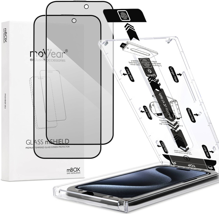 2 szt. | moVear mBOX GLASS mSHIELD 2.5D MAX privacy do Apple iPhone 15 Pro Max (6.7") (Anty spy, z Aplikatorem)