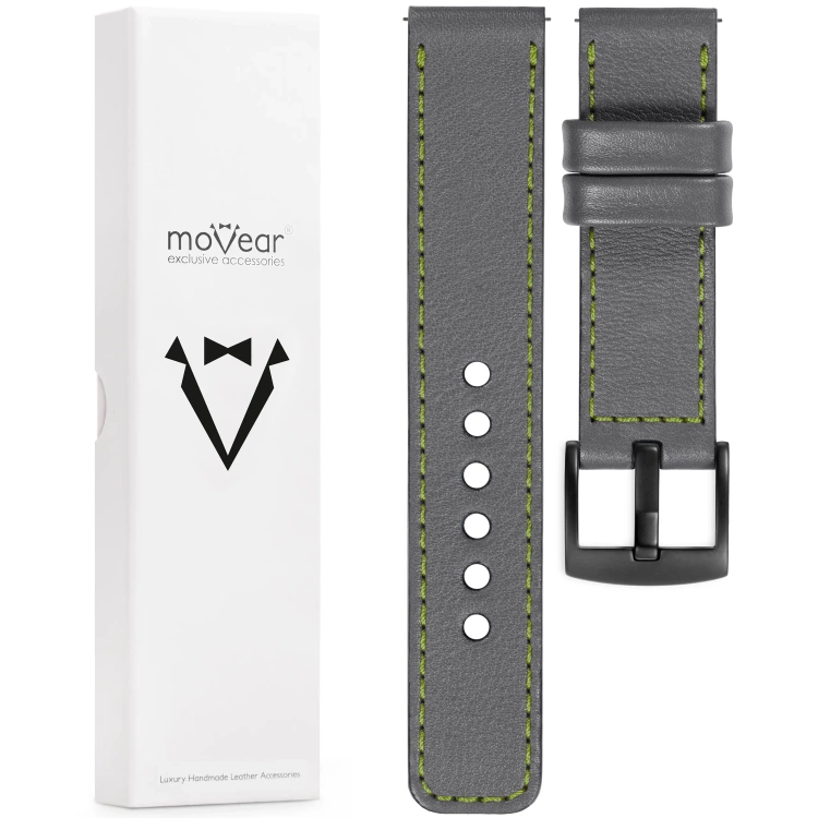 moVear Prestige C1 Skórzany pasek 20mm do zegarka | Szary, limonkowe przeszycie [rozmiary XS-XXL i klamra do wyboru]