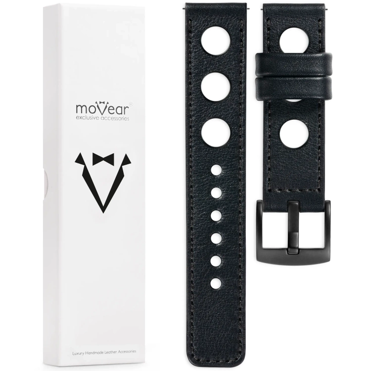 moVear Prestige R1 Skórzany pasek 20mm do Garmin Vivoactive 5/3, Vivomove 3, Venu 2 | Czarny, czarne przeszycie [rozmiary XS-XXL i klamra do wyboru]