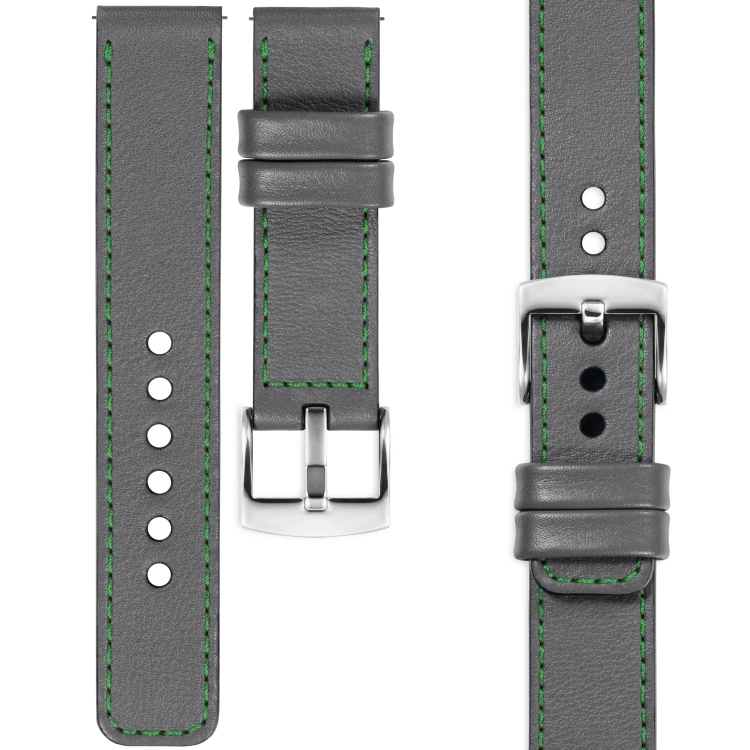 moVear Prestige C1 Skórzany pasek 20mm do zegarka | Szary, zielone przeszycie [rozmiary XS-XXL i klamra do wyboru]