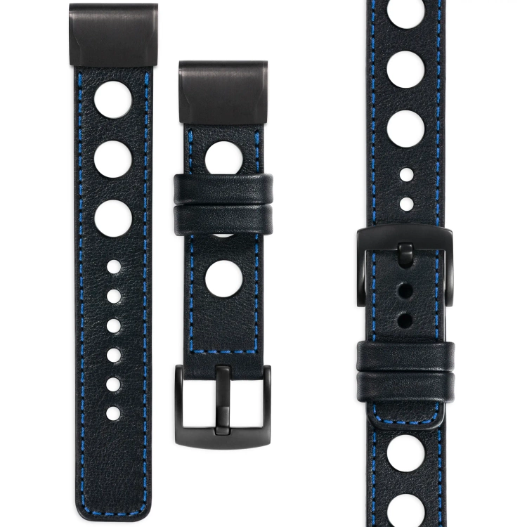 moVear Prestige R1 Skórzany pasek do Garmin QuickFit 26mm (Fenix / Epix / Quatix / Tactix / Enduro - 51mm) | Czarny, niebieskie przeszycie [rozmiary XS-XXL i klamra do wyboru]