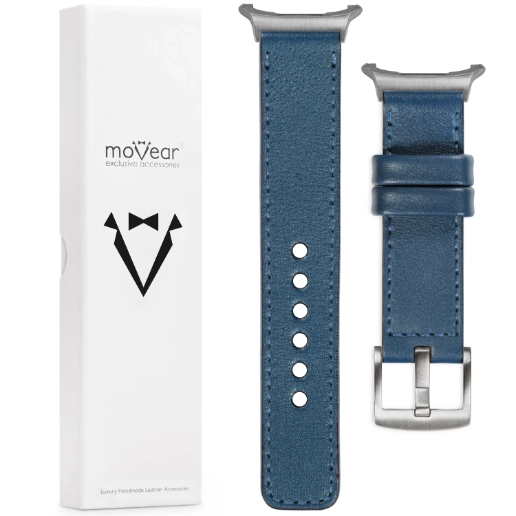 moVear Prestige C1 Skórzany pasek 22mm do Samsung Galaxy Watch Ultra | Niebieski jeans, niebieski jeans przeszycie [rozmiary XS-XXL i klamra do wyboru]