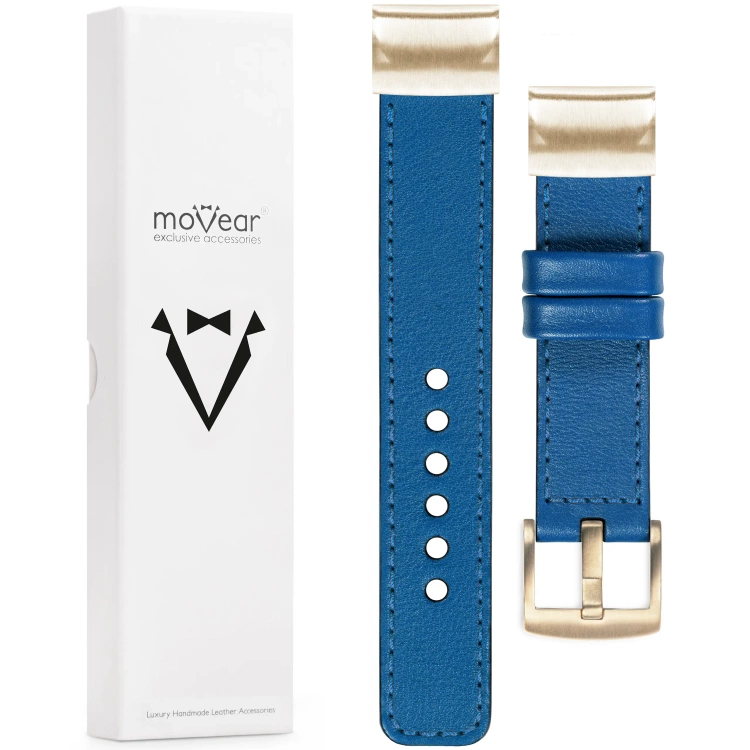 moVear Prestige C1 Skórzany pasek do Garmin QuickFit 20mm (Fenix / Instinct - 43/42/40mm) | Niebieski, niebieskie przeszycie [rozmiary XS-XXL i klamra do wyboru]