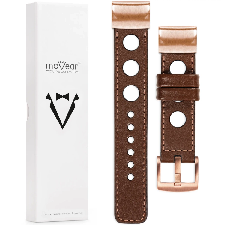 moVear Prestige R1 Skórzany pasek do Garmin QuickFit 20mm (Fenix / Instinct - 43/42/40mm) | Ciemnobrązowy, różowe złoto przeszycie [rozmiary XS-XXL i klamra do wyboru]