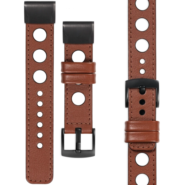 moVear Prestige R1 Skórzany pasek do Garmin QuickFit 22mm (Fenix / Forerunner / Epix / Instinct / Enduro / Quatix / MARQ - 47/45mm) | Brązowy, brązowe przeszycie [rozmiary XS-XXL i klamra do wyboru]