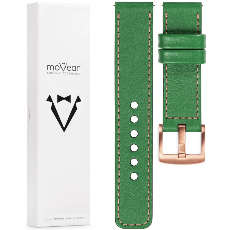 moVear Prestige C1 Skórzany pasek 22mm do zegarka | Zielony, różowe złoto przeszycie [rozmiary XS-XXL i klamra do wyboru]