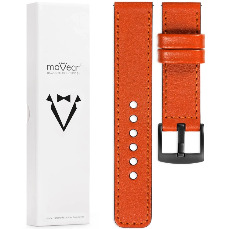 moVear Prestige C1 Skórzany pasek 22mm do Samsung Galaxy Watch 3 (45mm) / Watch (46mm) / Gear S3 | Pomarańczowy, ciemnopomarańczowe przeszycie [rozmiary XS-XXL i klamra do wyboru]