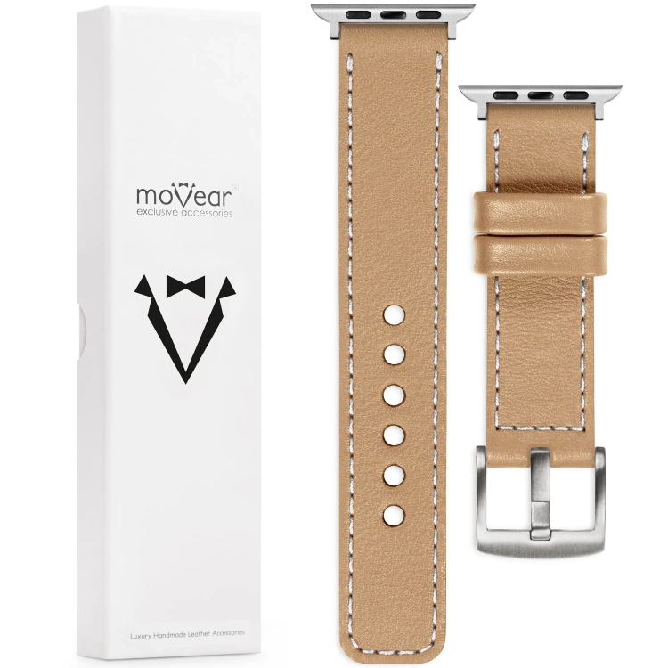 moVear Prestige C1 Skórzany pasek 22mm do Apple Watch 10 / 9 / 8 / 7 / 6 / 5 / 4 / SE (42/41/40mm) | Cappuccino, białe przeszycie [rozmiary XS-XXL i klamra do wyboru]