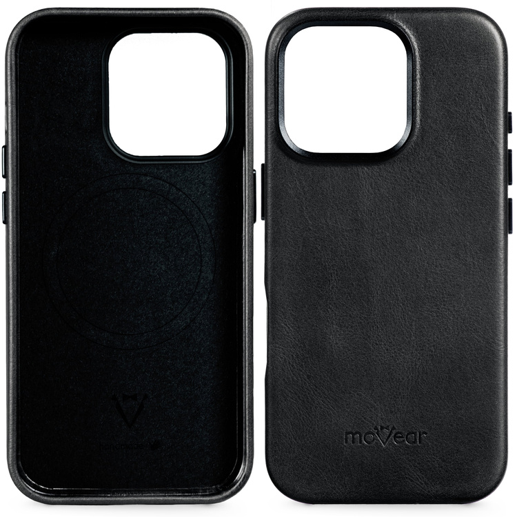 moVear backCover 4S Skórzane plecki do Apple iPhone 16 Pro Max (6.9") | kompatybilne z MagSafe, Skóra naturalna olejowana (Czarna)