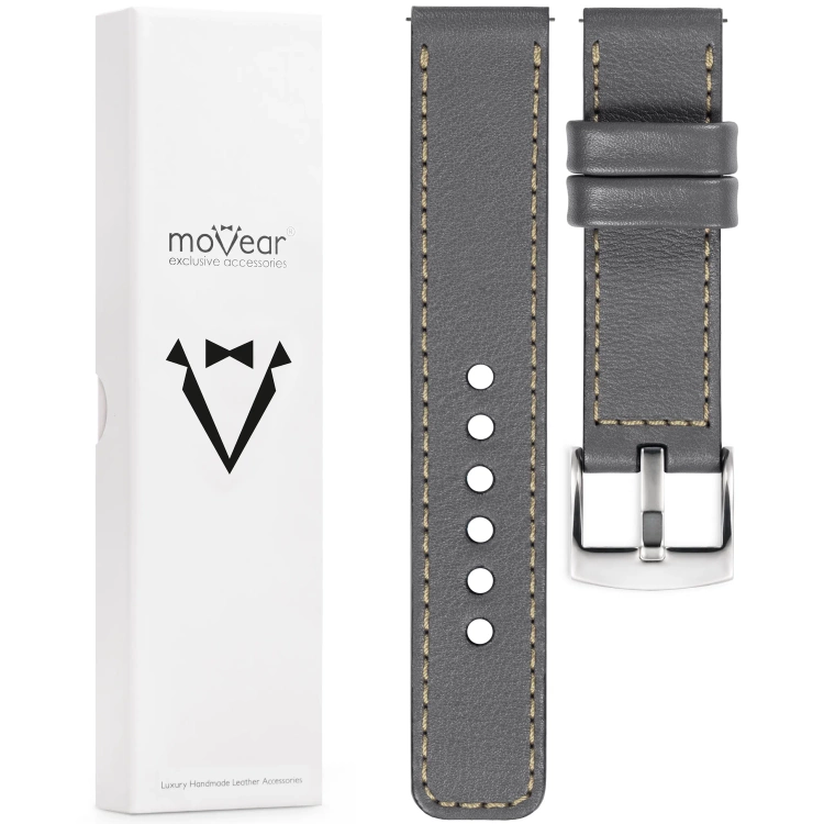moVear Prestige C1 Skórzany pasek 18mm do zegarka | Szary, kremowe przeszycie [rozmiary XS-XXL i klamra do wyboru]