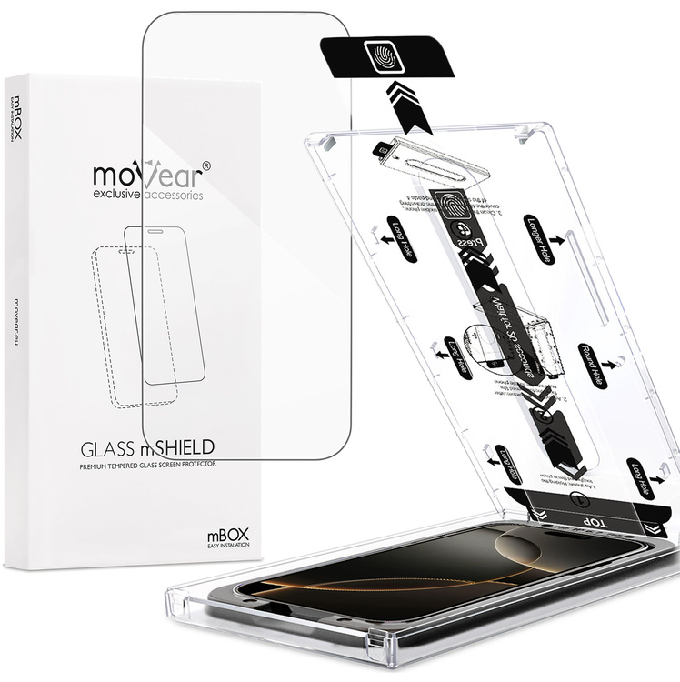 moVear mBOX GLASS mSHIELD 2.5D do Apple iPhone 17 Pro / 17 / 16 Pro (6.3") (łatwy montaż)