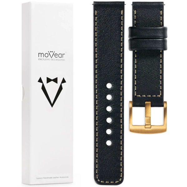 moVear Prestige C1 Skórzany pasek 24mm do zegarka | Czarny, kremowe przeszycie [rozmiary XS-XXL i klamra do wyboru]