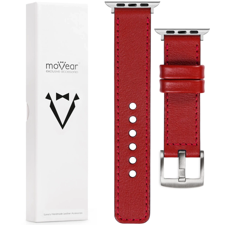 moVear Prestige C1 Skórzany pasek 20mm do Apple Watch 10 / 9 / 8 / 7 / 6 / 5 / 4 / SE (46/45/44mm) & Ultra (49mm) | Czerwony szkarłatny, czerwone przeszycie [rozmiary XS-XXL i klamra do wyboru]