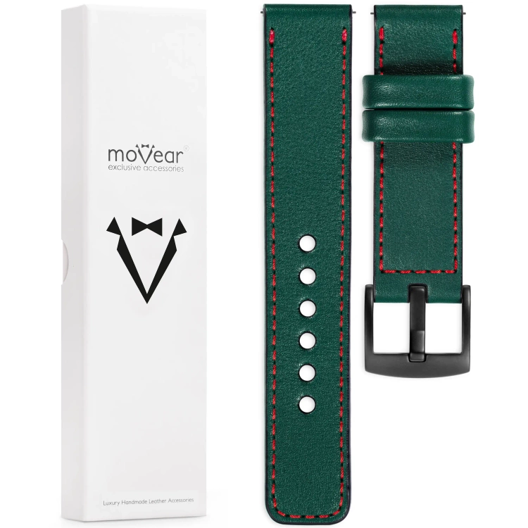 moVear Prestige C1 Skórzany pasek 22mm do zegarka | Zielony butelkowy, czerwone przeszycie [rozmiary XS-XXL i klamra do wyboru]