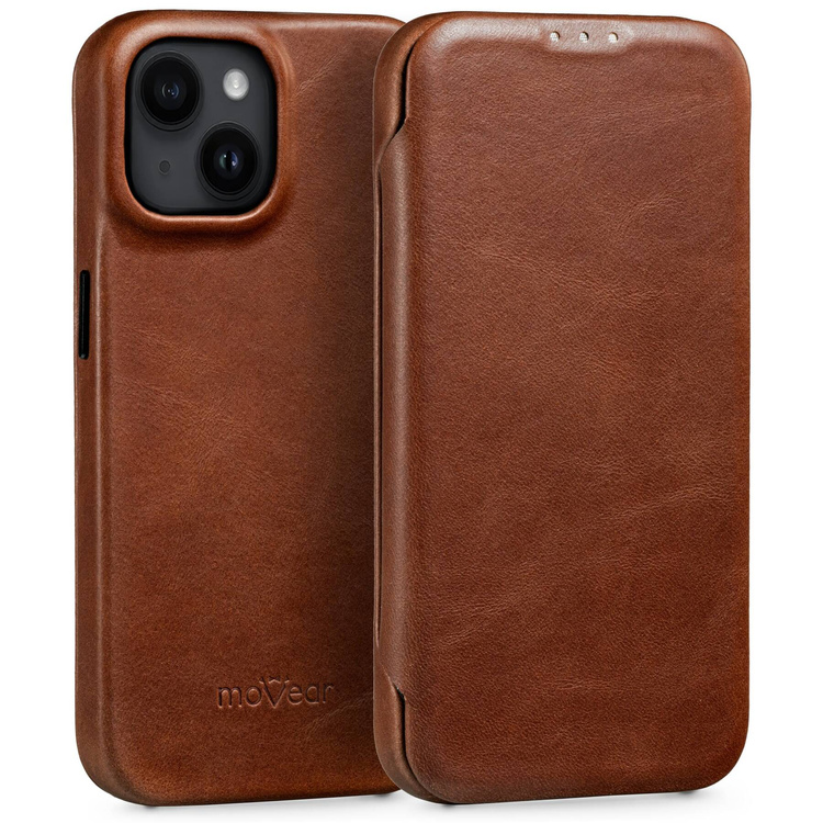 moVear flipSide 4S skórzane etui do Apple iPhone 14 (6,1") | Skóra naturalna olejowana (Ciemnobrązowa)