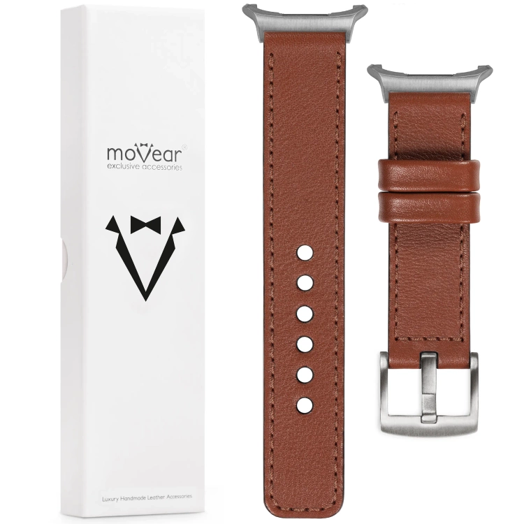 moVear Prestige C1 Skórzany pasek 24mm do Samsung Galaxy Watch Ultra | Brązowy, brązowe przeszycie [rozmiary XS-XXL i klamra do wyboru]